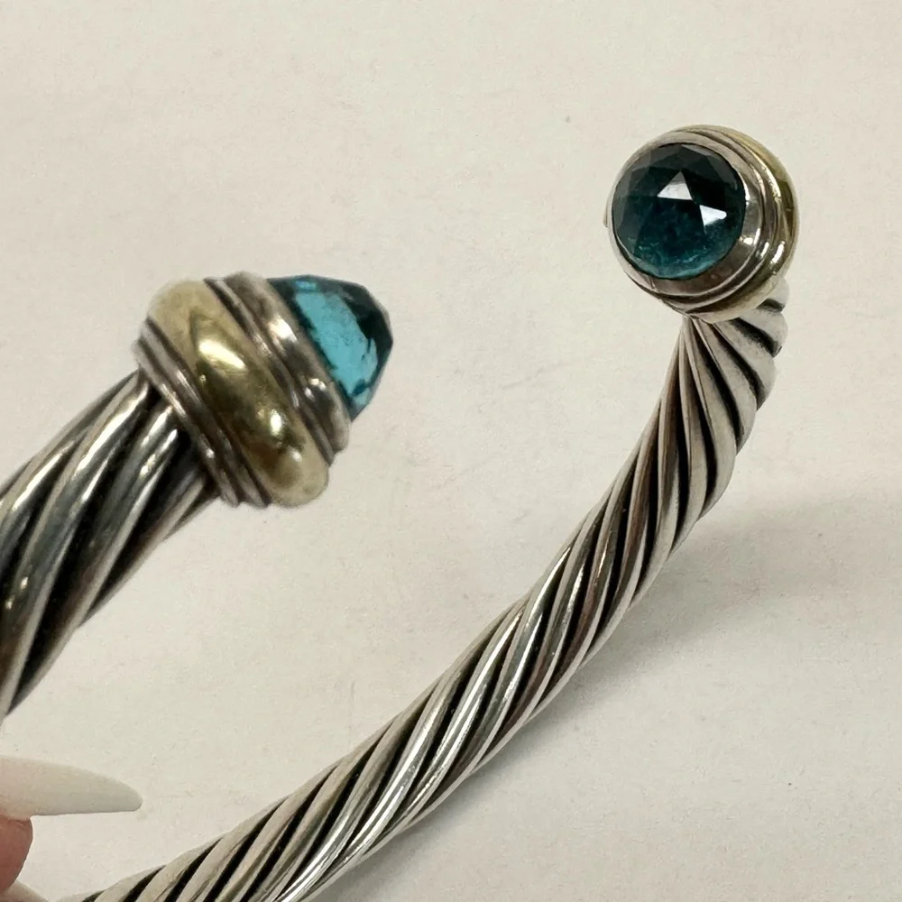 David Yurman 7mm Blue Topaz Cable Classic Cuff Bracelet .925/14K - Picture 10 of 10